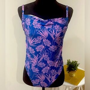 Lulu’s Bae Watch Blue Tropical Square Neck LaceUpOne-PieceSwimsuit Large NewTags